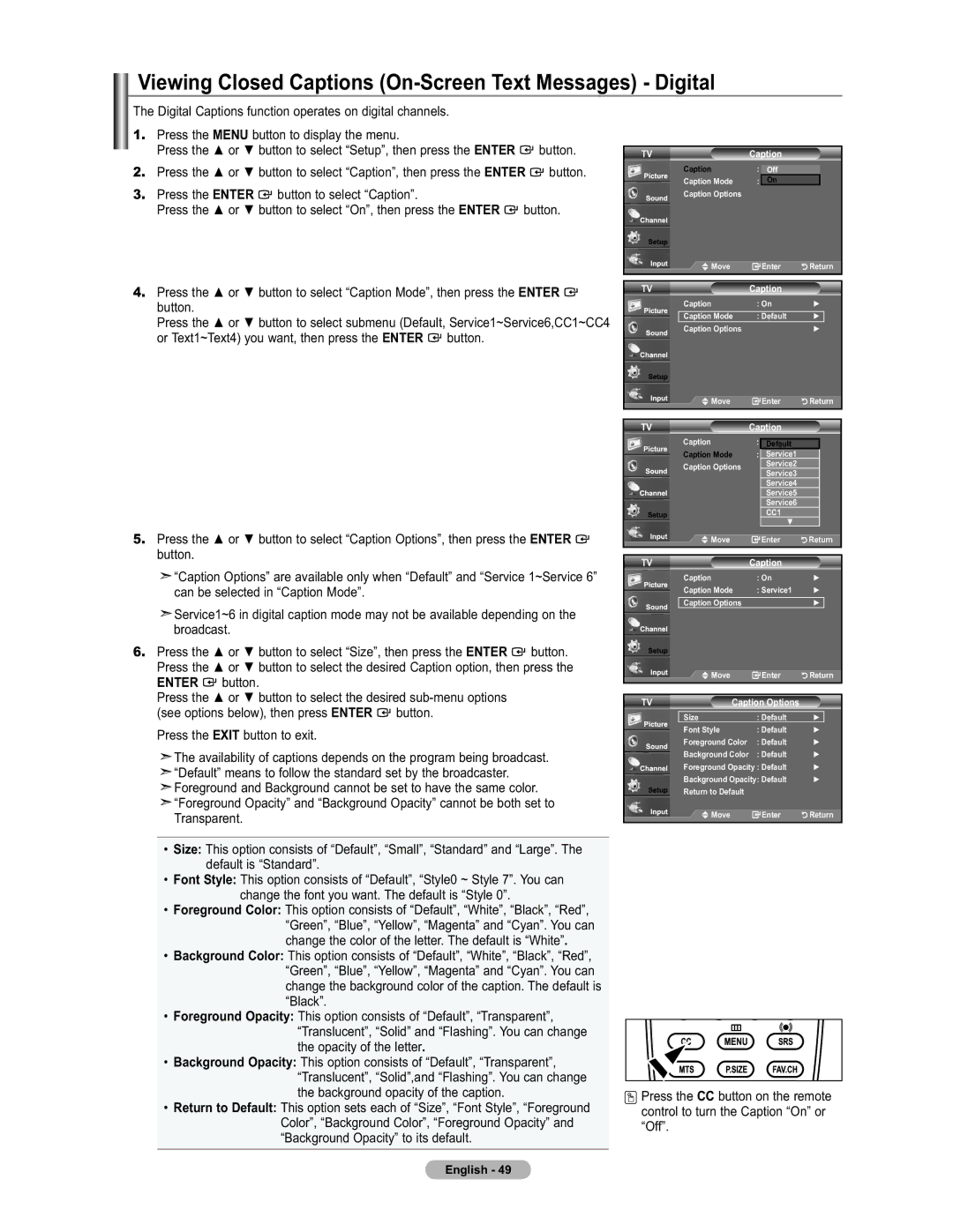 Samsung LN19A450 user manual Viewing Closed Captions On-Screen Text Messages Digital, Button Press, Caption Options 