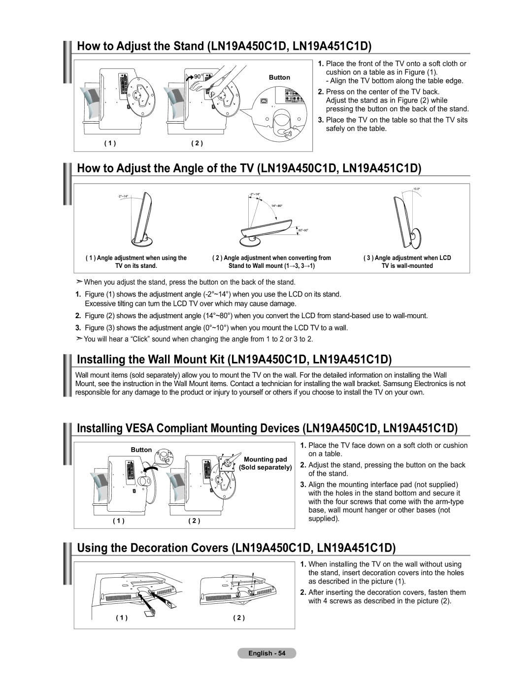 Samsung How to Adjust the Stand LN19A450C1D, LN19A451C1D, How to Adjust the Angle of the TV LN19A450C1D, LN19A451C1D 