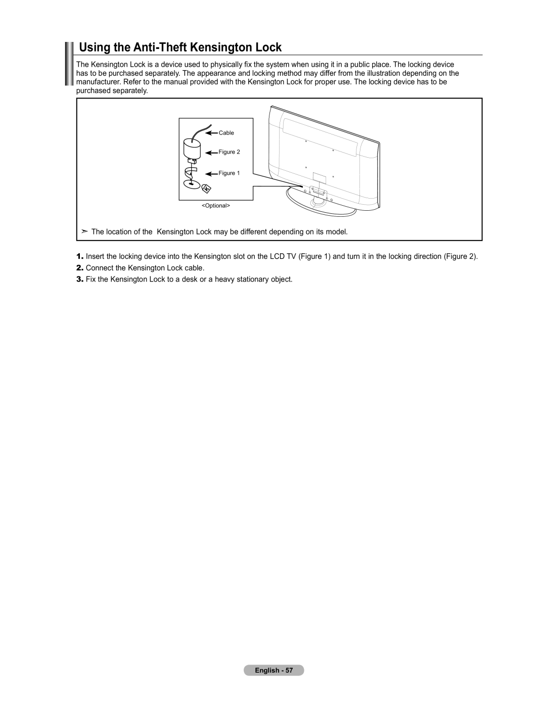 Samsung LN19A450 user manual Using the Anti-Theft Kensington Lock 