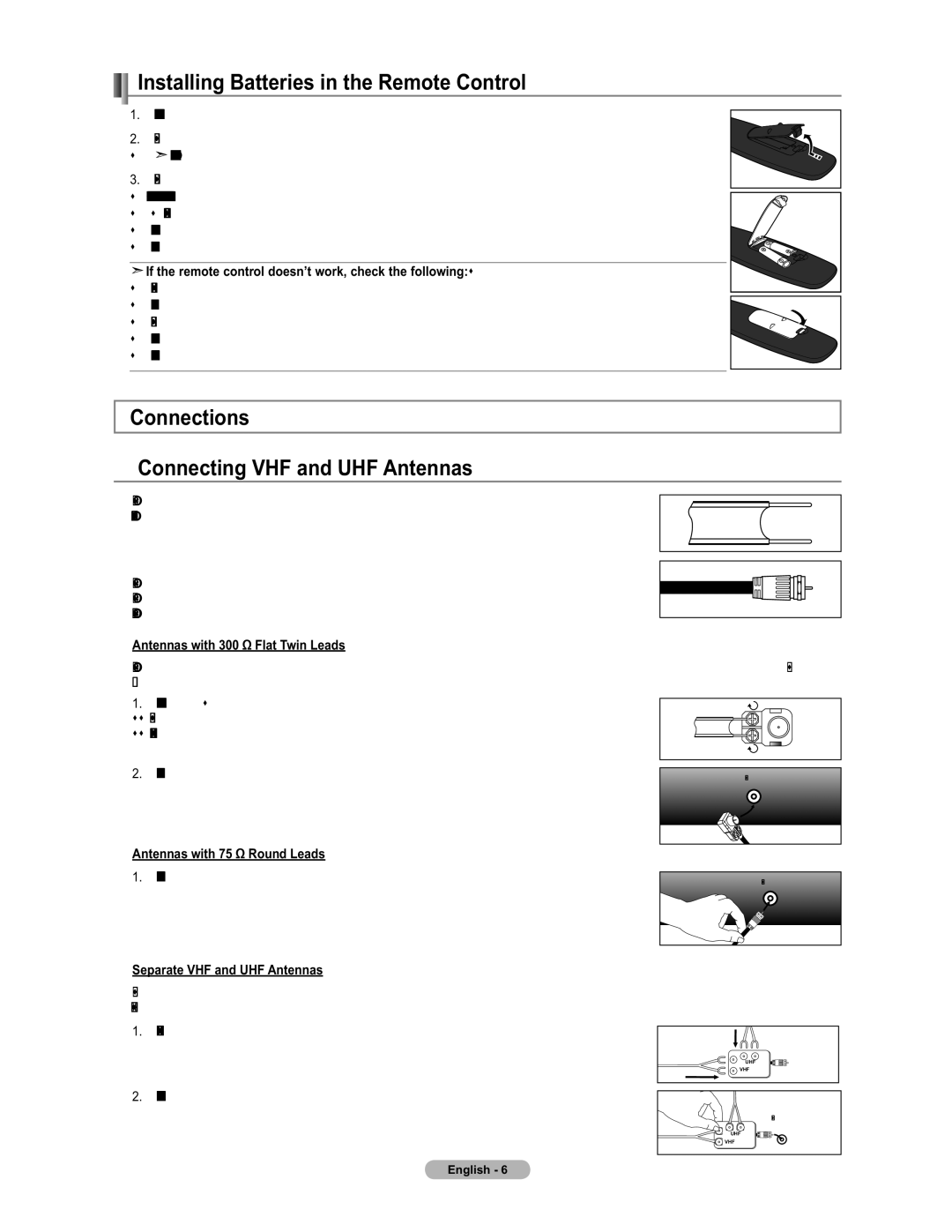 Samsung LN19A450 user manual Installing Batteries in the Remote Control, Connections Connecting VHF and UHF Antennas 