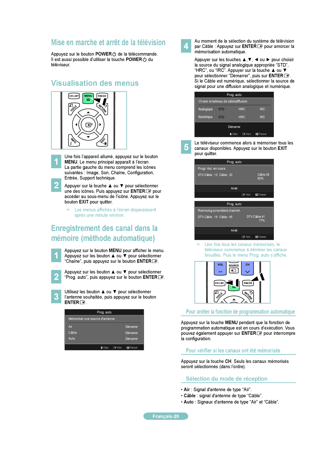 Samsung LN19B650 Visualisation des menus, Pour vérifier si les canaux ont été mémorisés, Sélection du mode de réception 