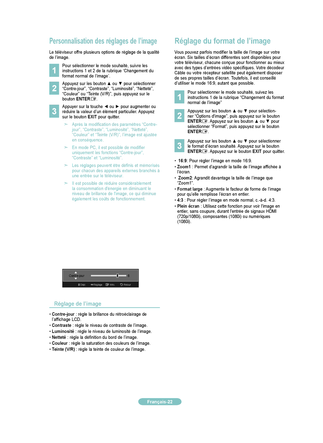 Samsung LN19B650, LN22B650 Réglage du format de l’image, Personnalisation des réglages de l’image, Réglage de l’image 