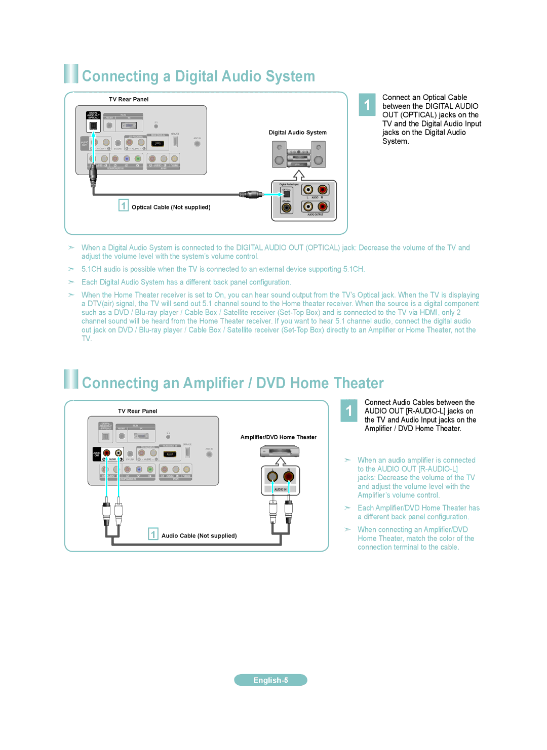 Samsung LN22B650, LN19B650 setup guide Connecting a Digital Audio System, Connecting an Amplifier / DVD Home Theater 