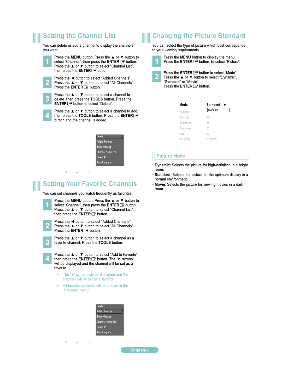 Samsung LN22B650, LN19B650 setup guide Setting the Channel List, Changing the Picture Standard, Picture Mode 