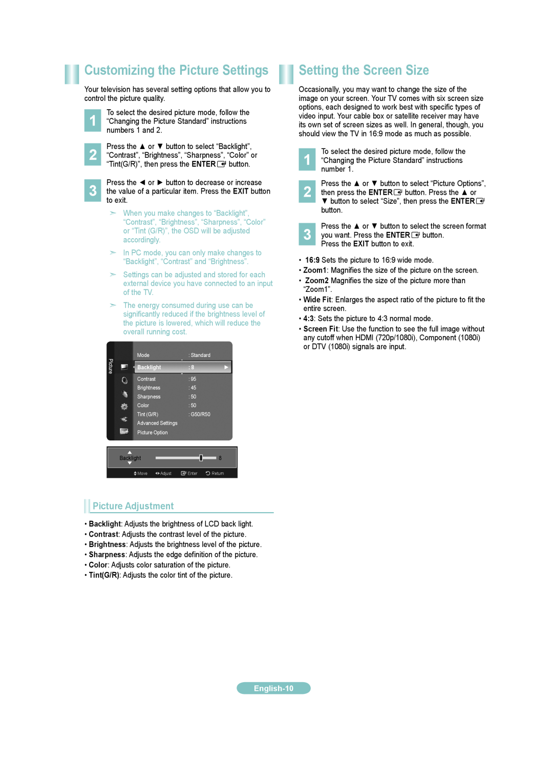 Samsung LN19B650, LN22B650 Setting the Screen Size, Customizing the Picture Settings, Picture Adjustment, English-10 