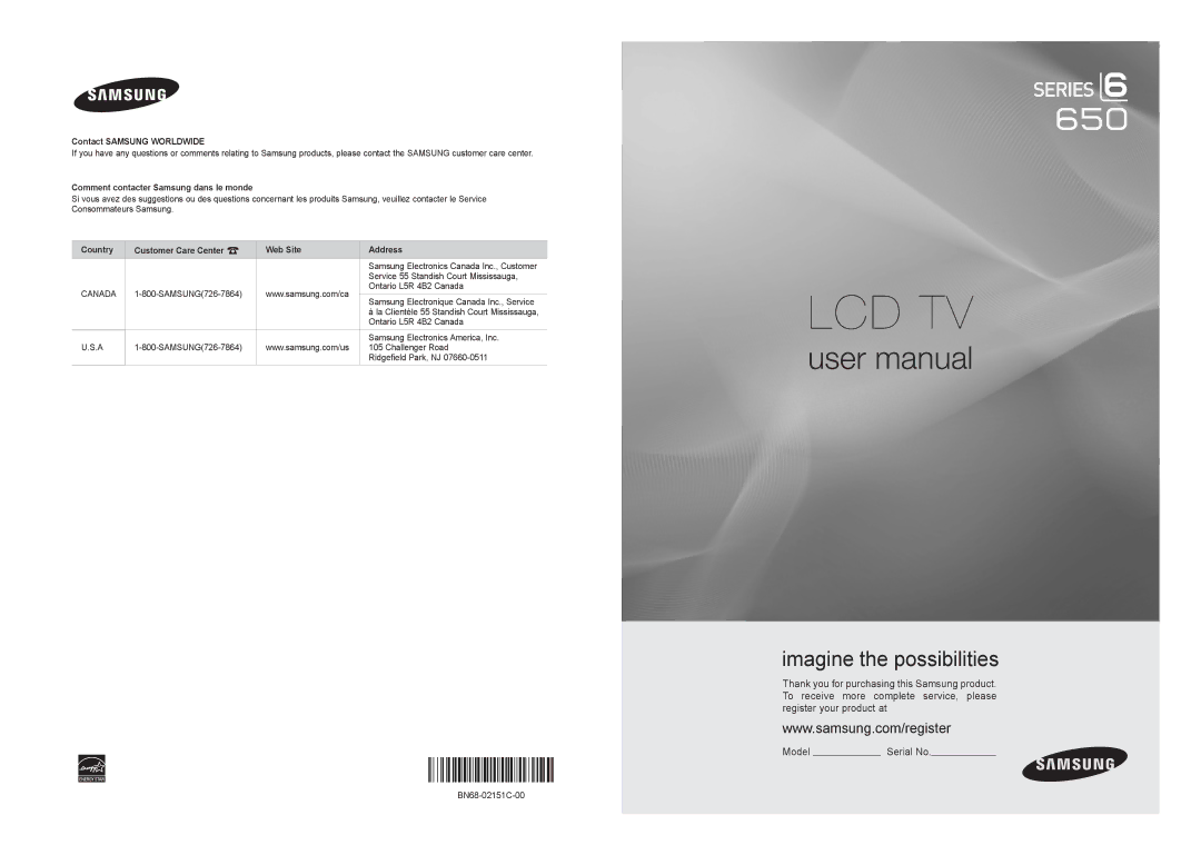 Samsung LN22B650T6D, LN19B650T6D user manual Contact Samsung Worldwide, Comment contacter Samsung dans le monde 