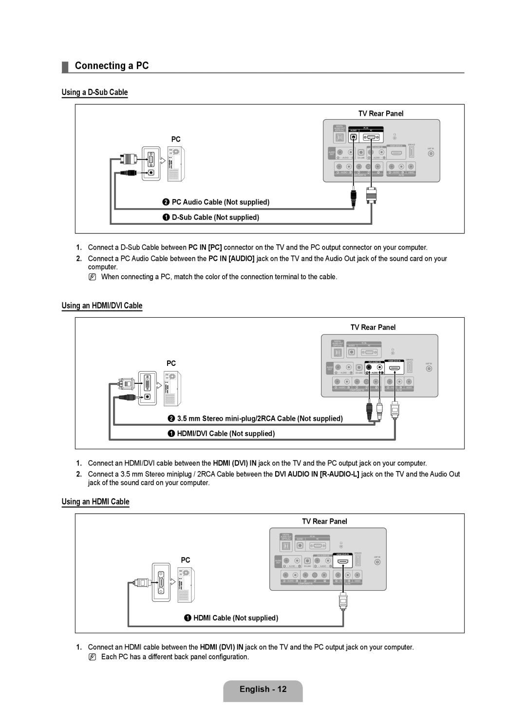 Samsung LN19B650T6D Connecting a PC, Using a D-Sub Cable, Using an HDMI/DVI Cable, TV Rear Panel Hdmi Cable Not supplied 