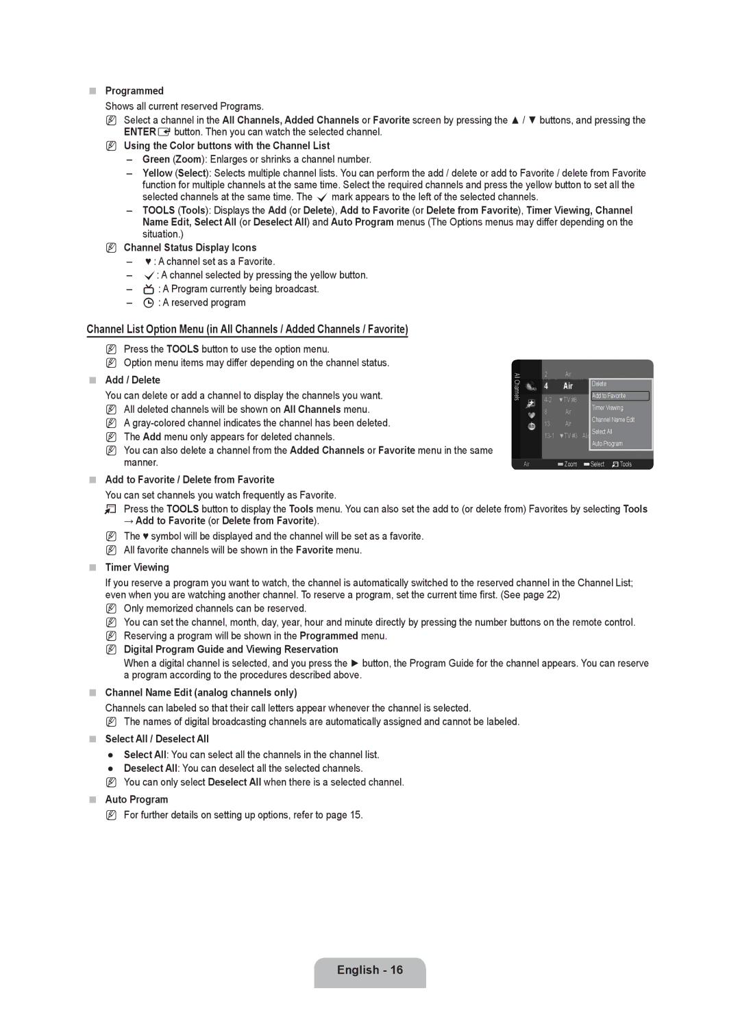 Samsung LN19B650T6D  Programmed, Using the Color buttons with the Channel List,  Add / Delete,  Timer Viewing 