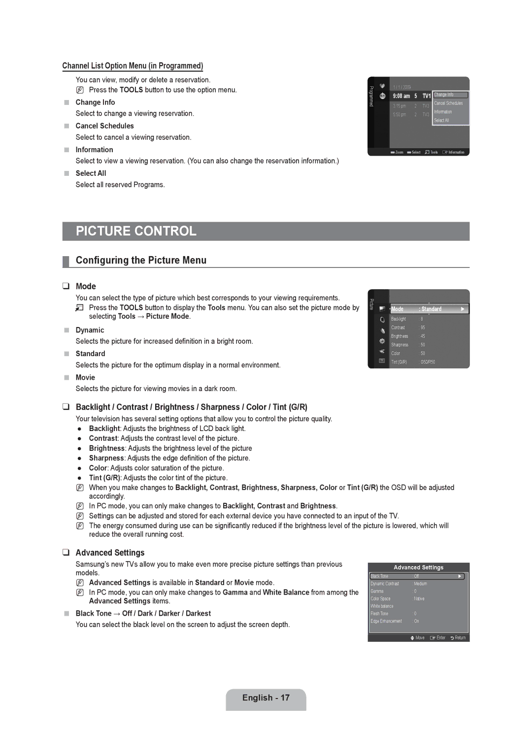 Samsung LN22B650T6D user manual Picture Control, Configuring the Picture Menu, Channel List Option Menu in Programmed, Mode 