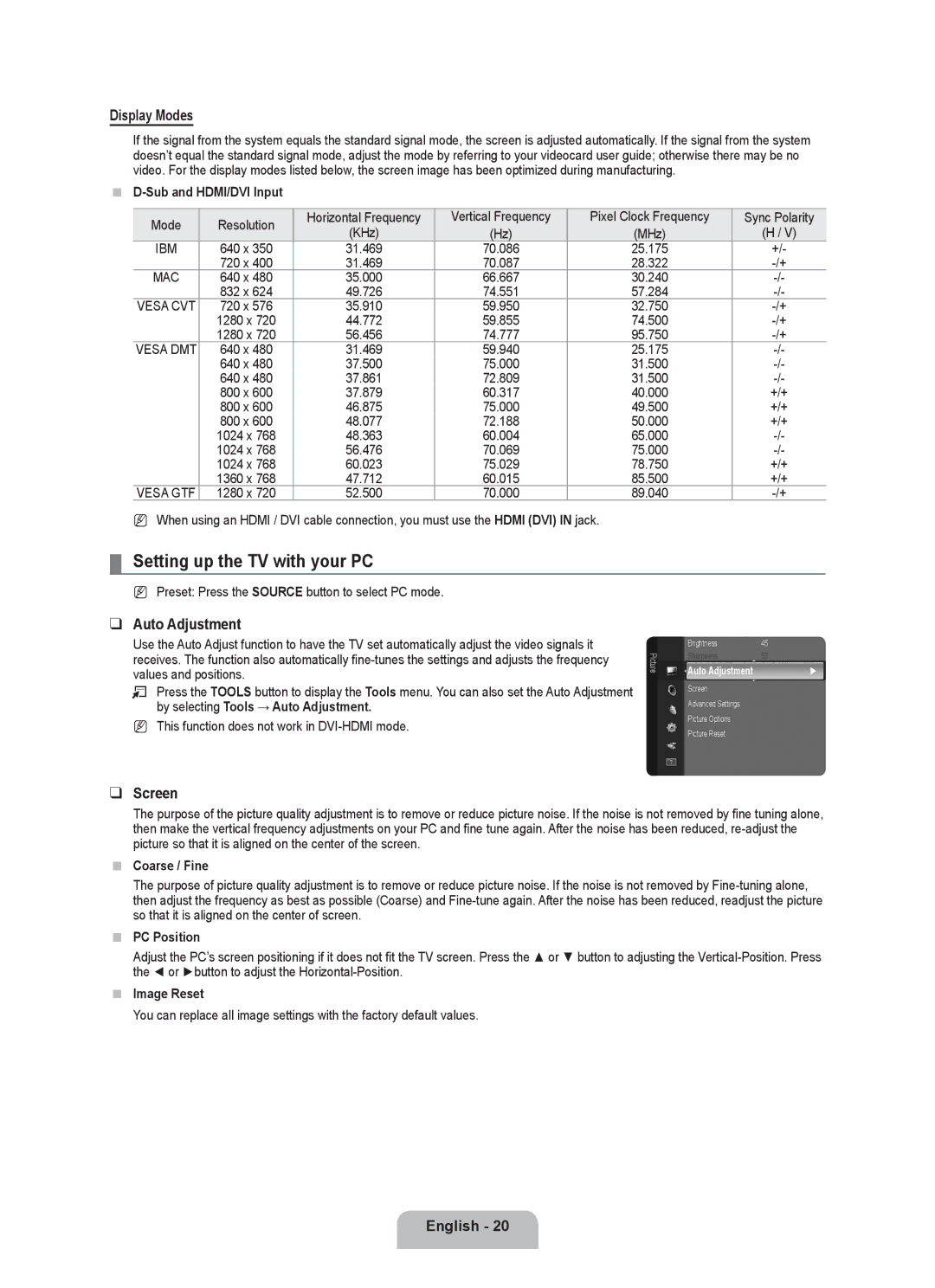 Samsung LN19B650T6D, LN22B650T6D user manual Setting up the TV with your PC, Display Modes, Auto Adjustment, Screen 