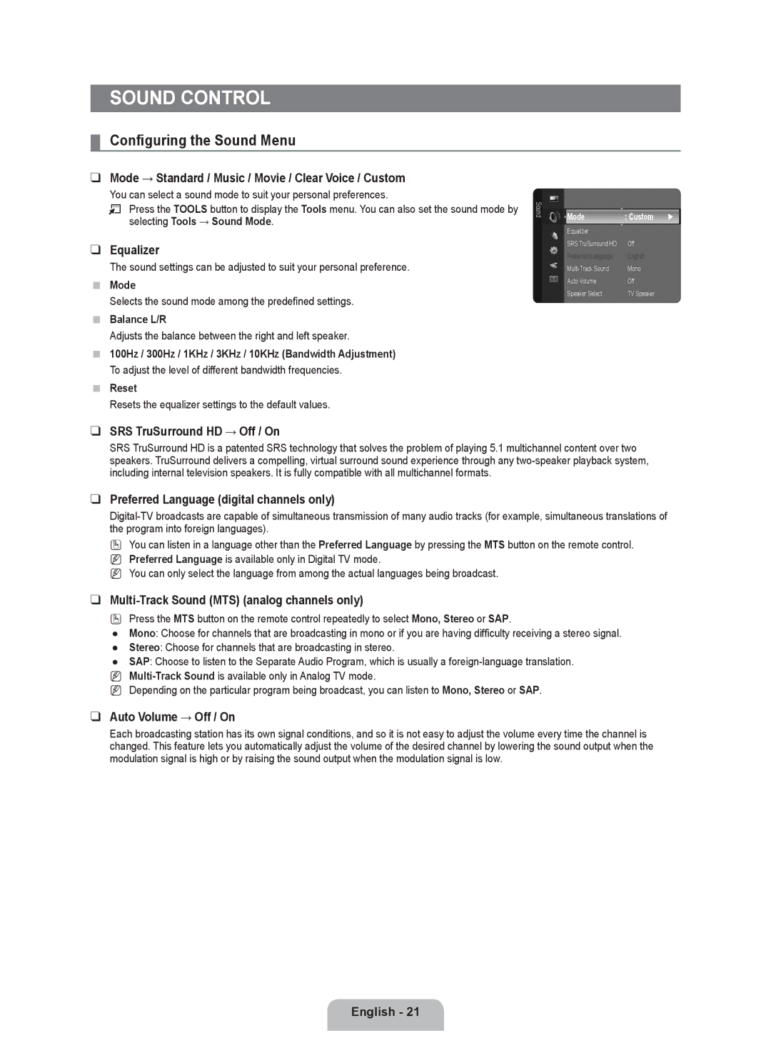 Samsung LN22B650T6D, LN19B650T6D user manual Sound Control, Configuring the Sound Menu 