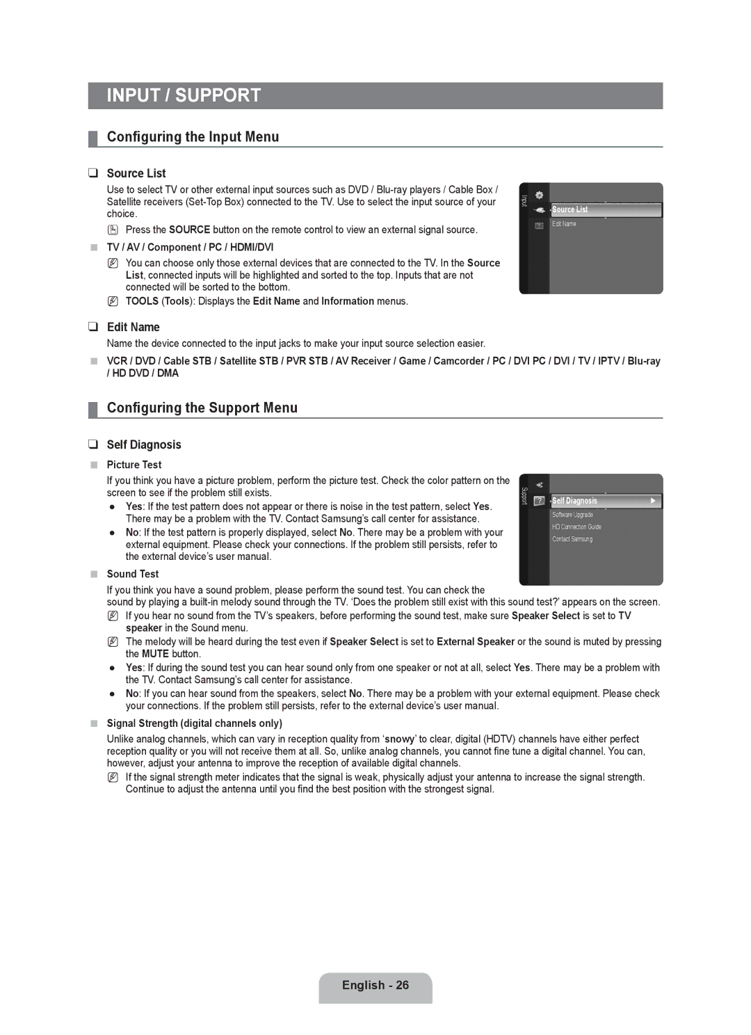 Samsung LN19B650T6D, LN22B650T6D user manual Input / Support, Configuring the Input Menu, Configuring the Support Menu 