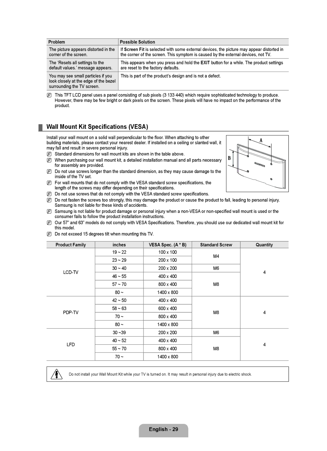 Samsung LN22B650T6D, LN19B650T6D Wall Mount Kit Specifications Vesa, Corner of the screen, ‘Resets all settings to 