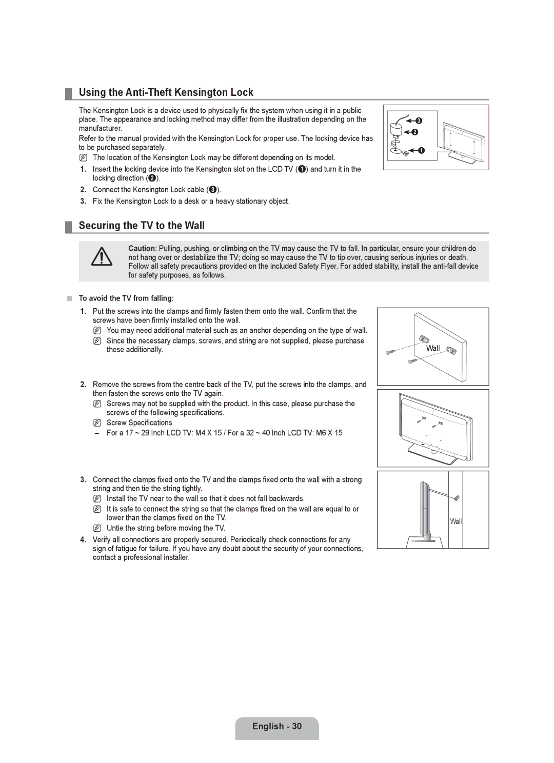 Samsung LN19B650T6D Using the Anti-Theft Kensington Lock, Securing the TV to the Wall,  To avoid the TV from falling 