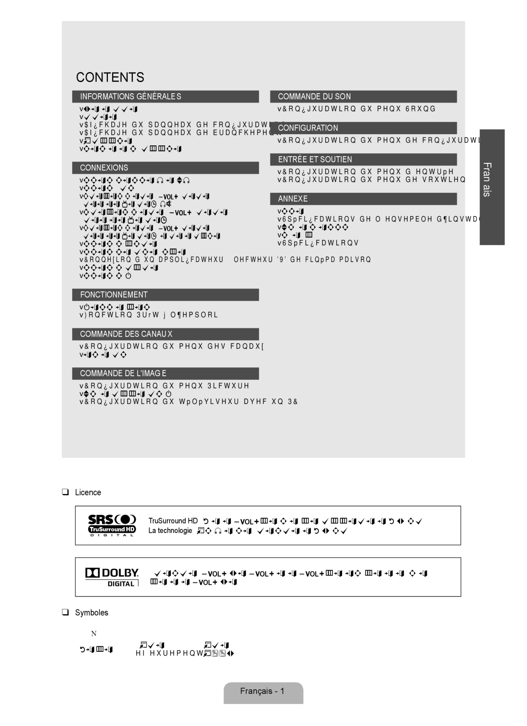 Samsung LN22B650T6D, LN19B650T6D user manual Licence, Symboles, Français 