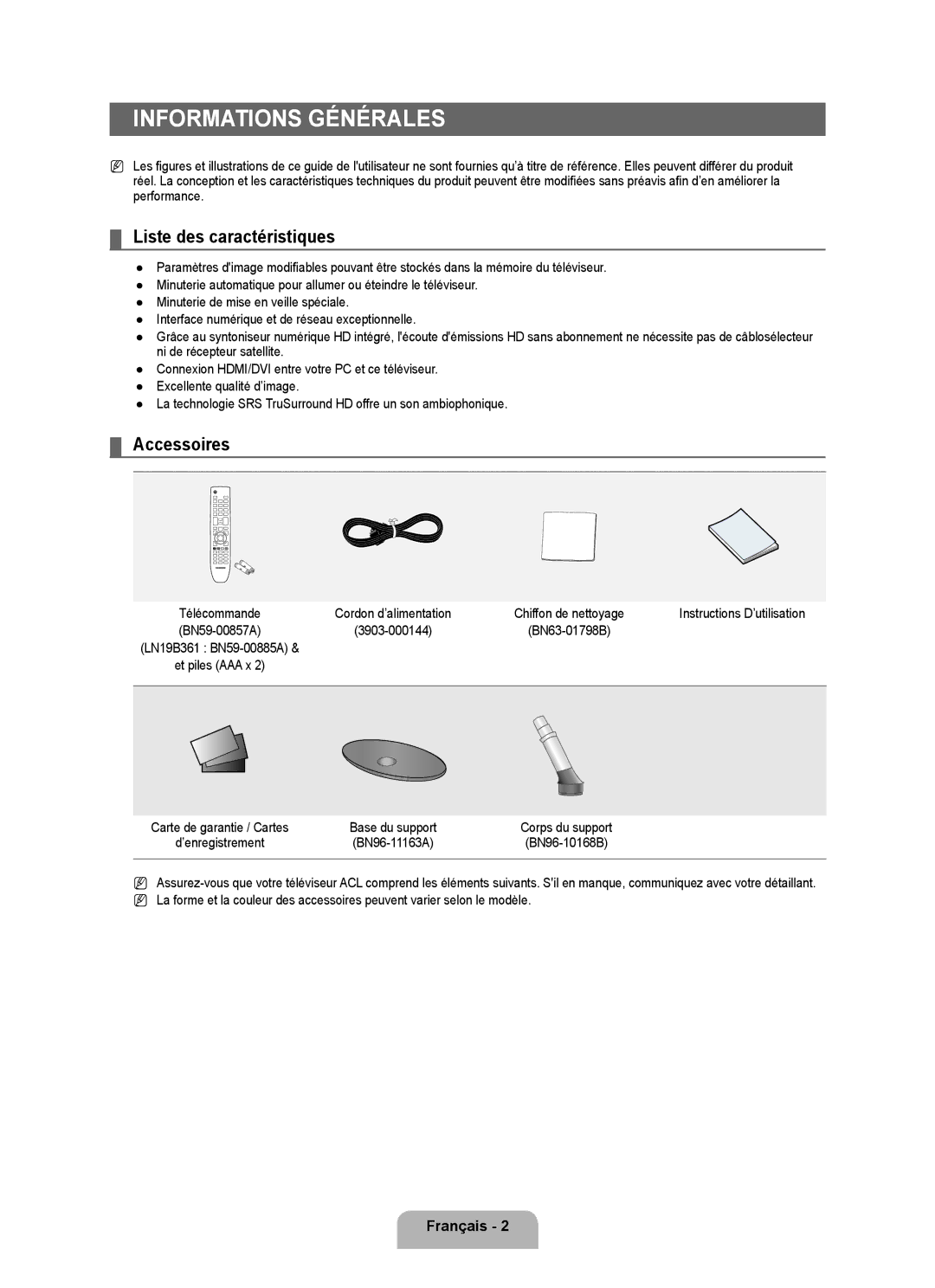 Samsung LN19B650T6D user manual Informations générales, Liste des caractéristiques, Accessoires, Instructions D’utilisation 