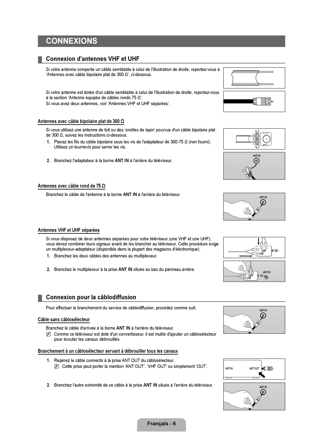 Samsung LN19B650T6D, LN22B650T6D user manual Connexions, Connexion dantennes VHF et UHF, Connexion pour la câblodiffusion 