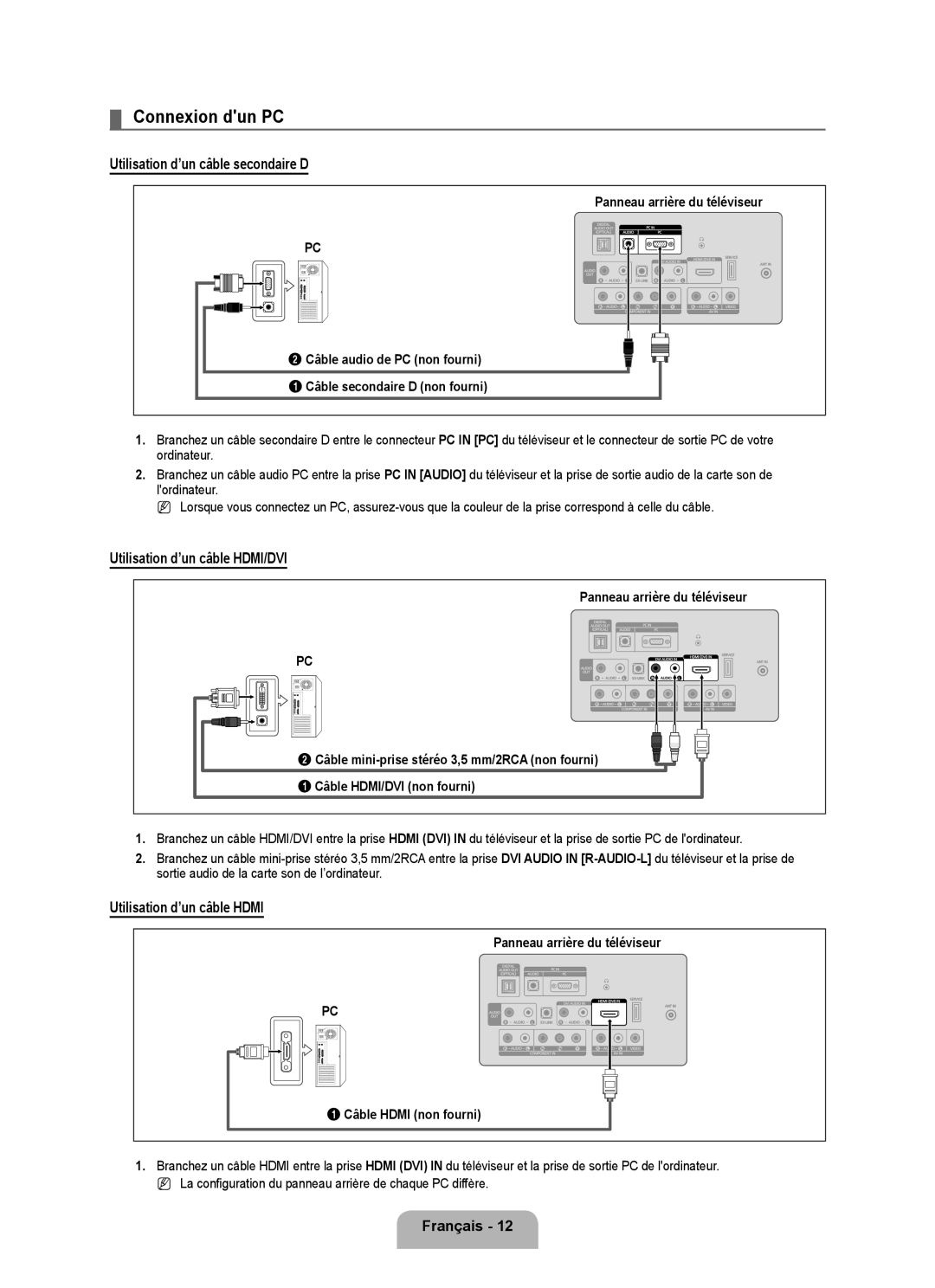 Samsung LN19B650T6D, LN22B650T6D Connexion dun PC, Utilisation d’un câble secondaire D, Utilisation d’un câble HDMI/DVI 