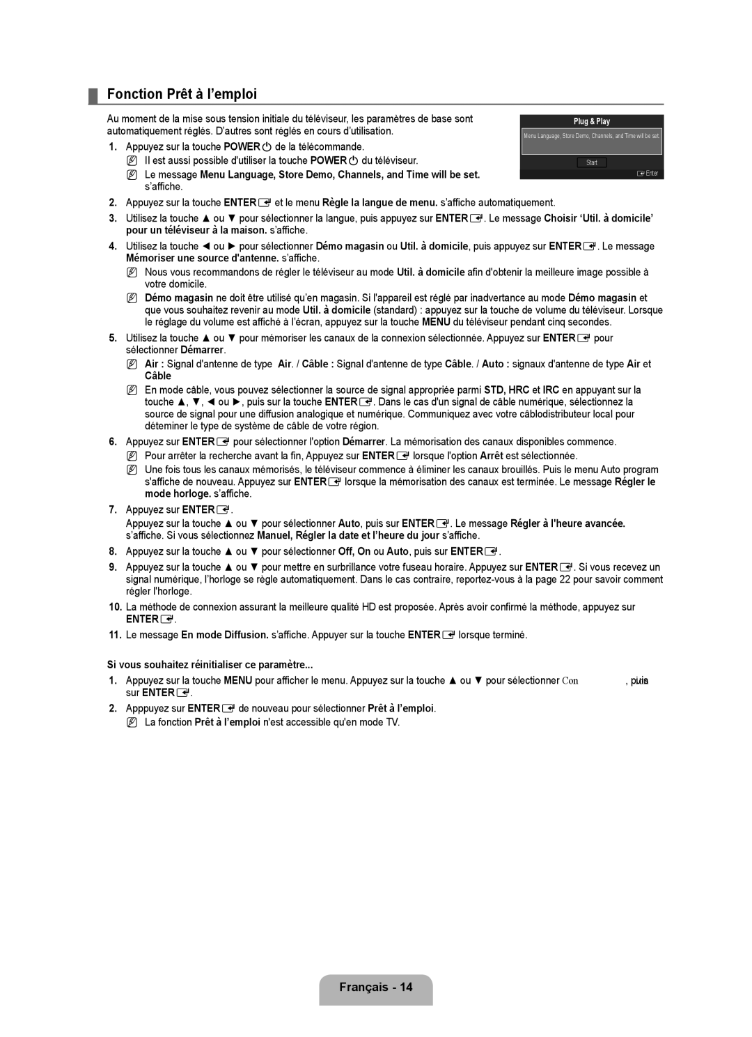 Samsung LN19B650T6D, LN22B650T6D user manual Fonction Prêt à l’emploi, Câble, Si vous souhaitez réinitialiser ce paramètre 