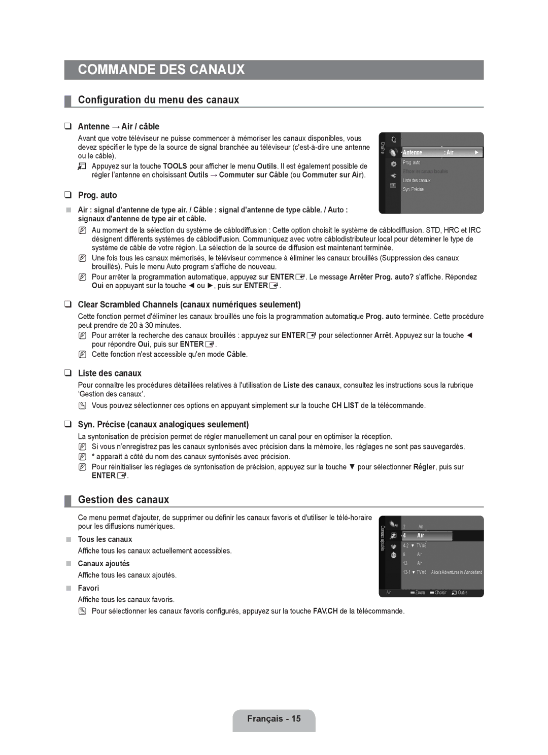 Samsung LN22B650T6D, LN19B650T6D user manual Commande des canaux, Configuration du menu des canaux, Gestion des canaux 