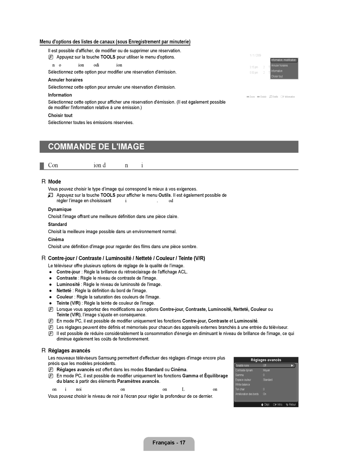 Samsung LN22B650T6D, LN19B650T6D user manual Commande de limage, Configuration du menu Picture, Réglages avancés 