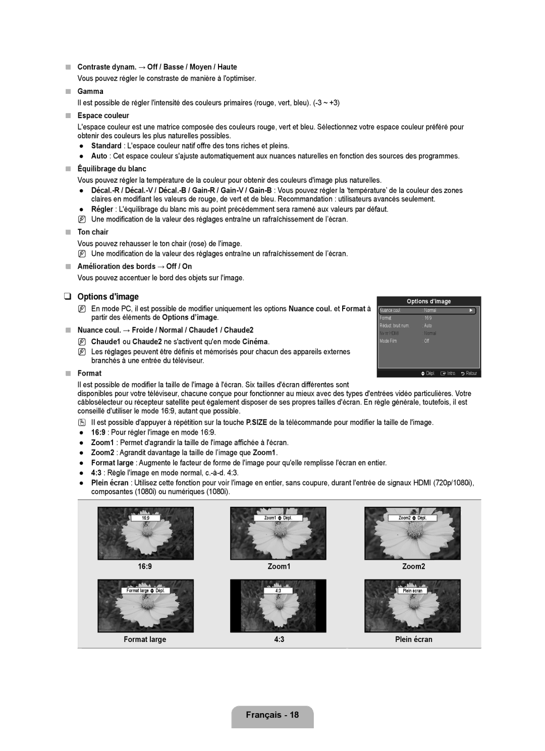 Samsung LN19B650T6D user manual  Contraste dynam. → Off / Basse / Moyen / Haute,  Espace couleur,  Équilibrage du blanc 