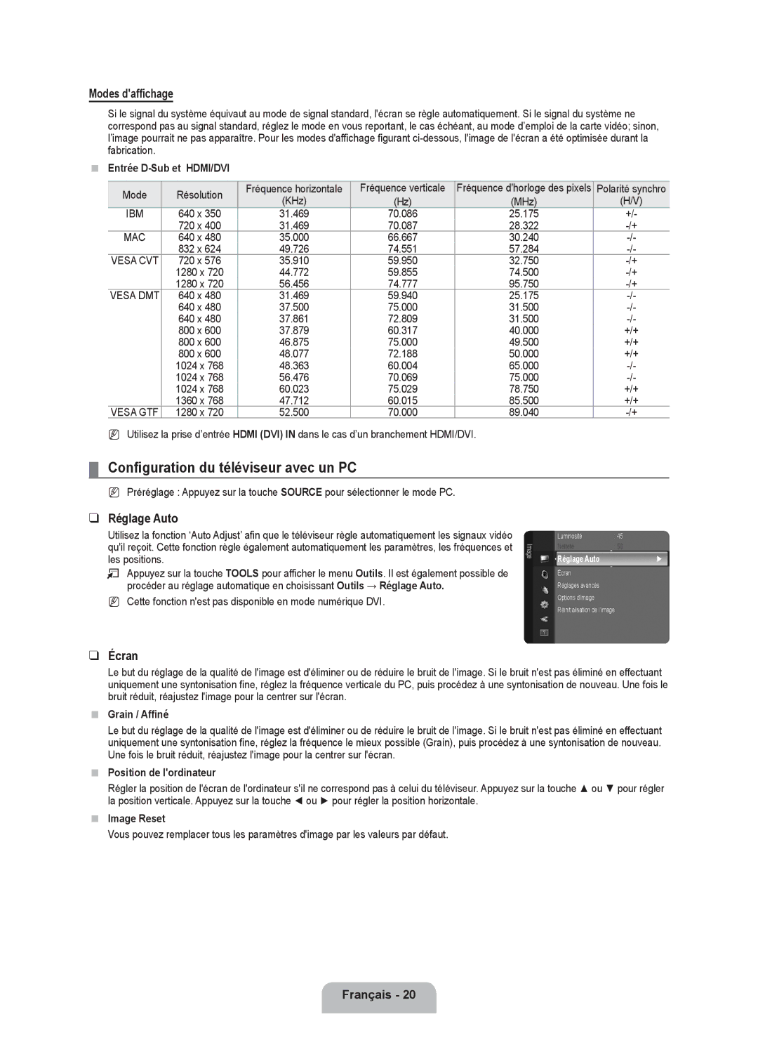 Samsung LN19B650T6D, LN22B650T6D user manual Configuration du téléviseur avec un PC, Modes daffichage, Réglage Auto, Écran 