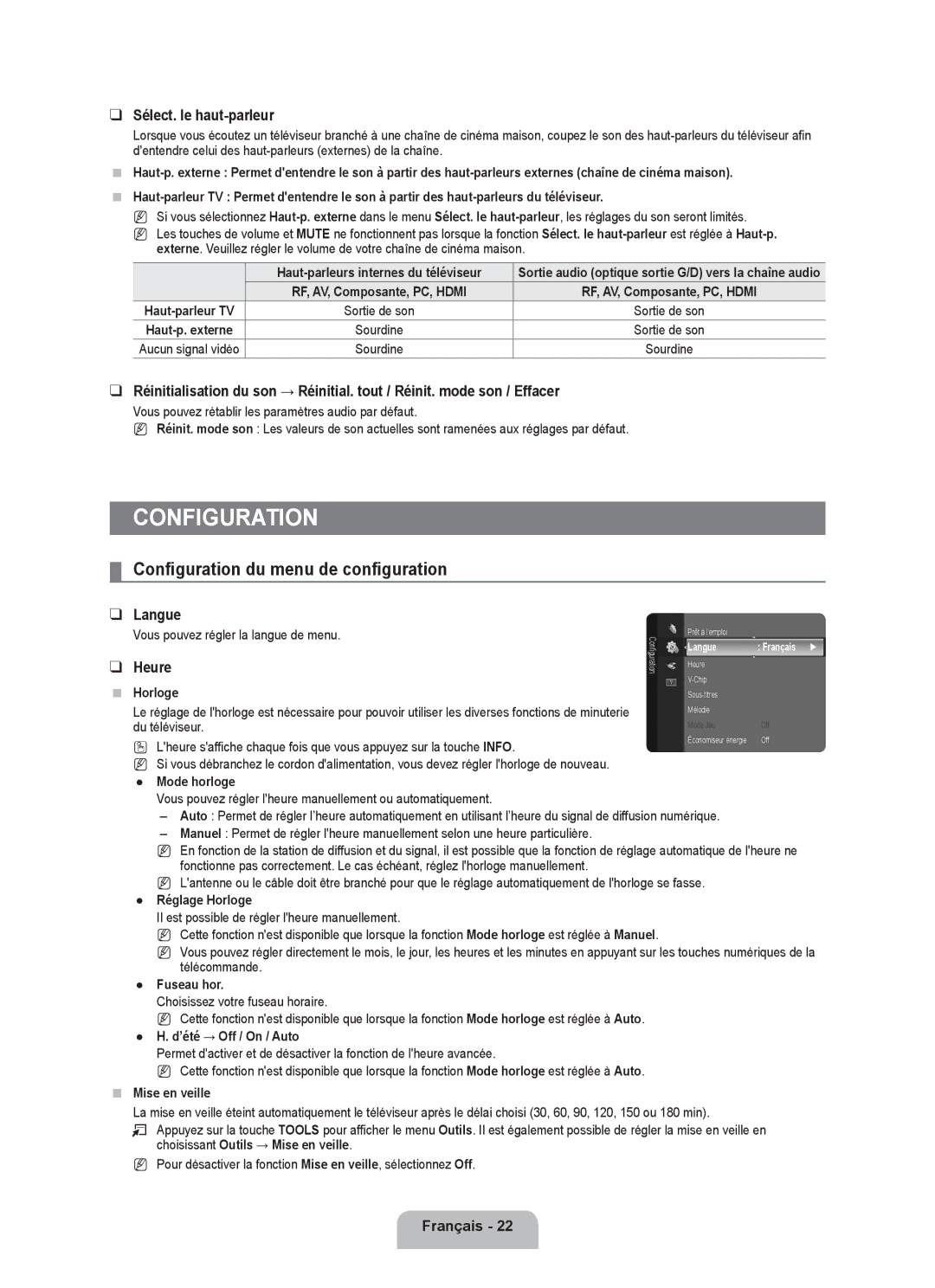 Samsung LN19B650T6D, LN22B650T6D Configuration du menu de configuration, Sélect. le haut-parleur, Langue, Heure 