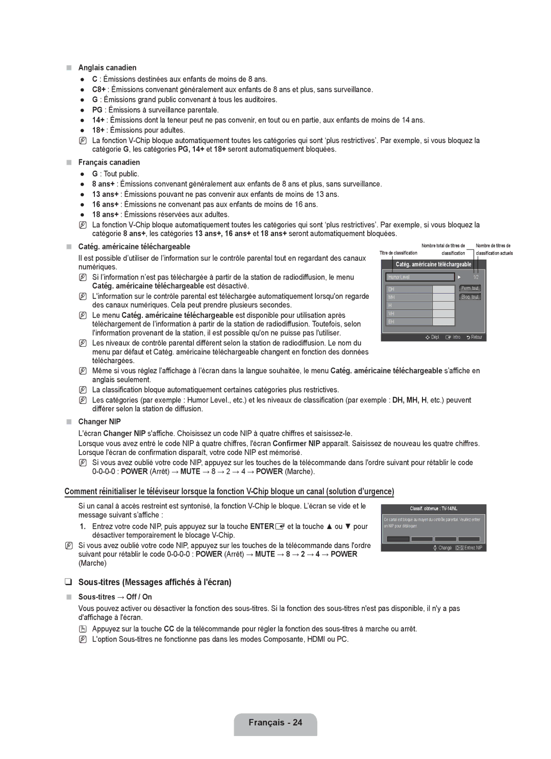 Samsung LN19B650T6D, LN22B650T6D user manual Sous-titres Messages affichés à lécran 