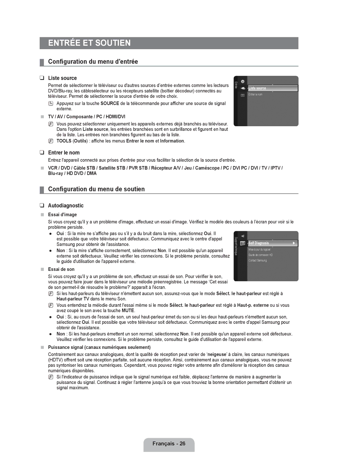 Samsung LN19B650T6D, LN22B650T6D Entrée et soutien, Configuration du menu dentrée, Configuration du menu de soutien 