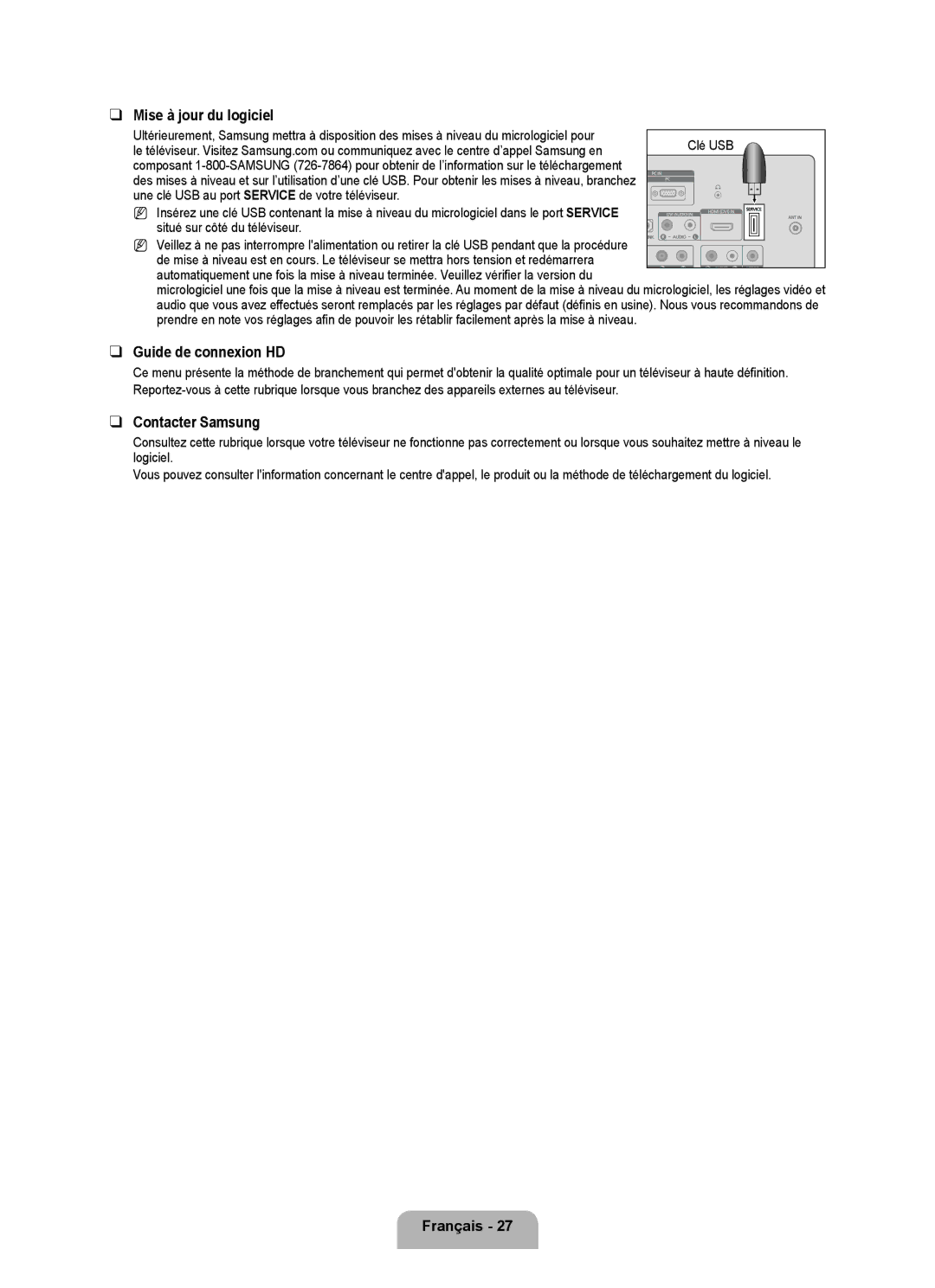 Samsung LN22B650T6D, LN19B650T6D user manual Mise à jour du logiciel, Guide de connexion HD, Contacter Samsung 