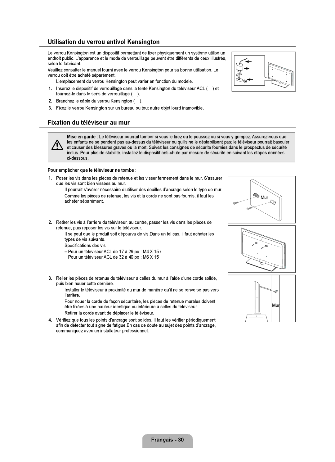 Samsung LN19B650T6D, LN22B650T6D user manual Utilisation du verrou antivol Kensington, Fixation du téléviseur au mur, Mur 