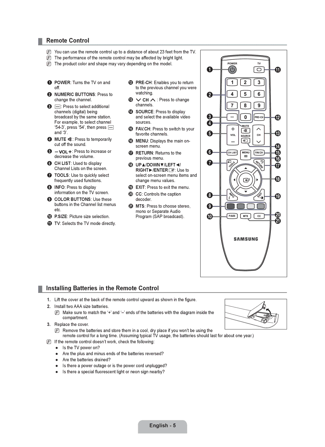 Samsung LN22B650T6D user manual Installing Batteries in the Remote Control, Numeric Buttons Press to change the channel 