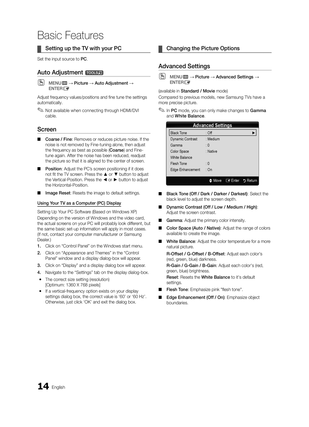 Samsung LN19C350, LN22C350 user manual Auto Adjustment t, Screen, Advanced Settings 