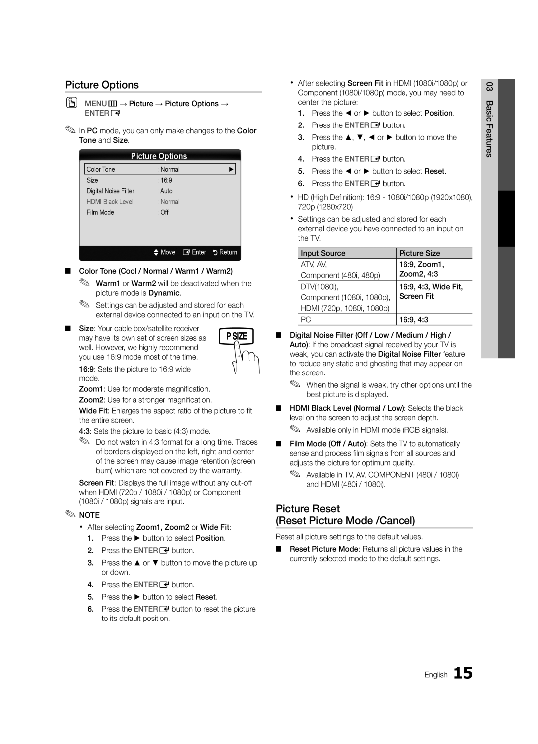 Samsung LN22C350, LN19C350 user manual Picture Options, Picture Reset Reset Picture Mode /Cancel 