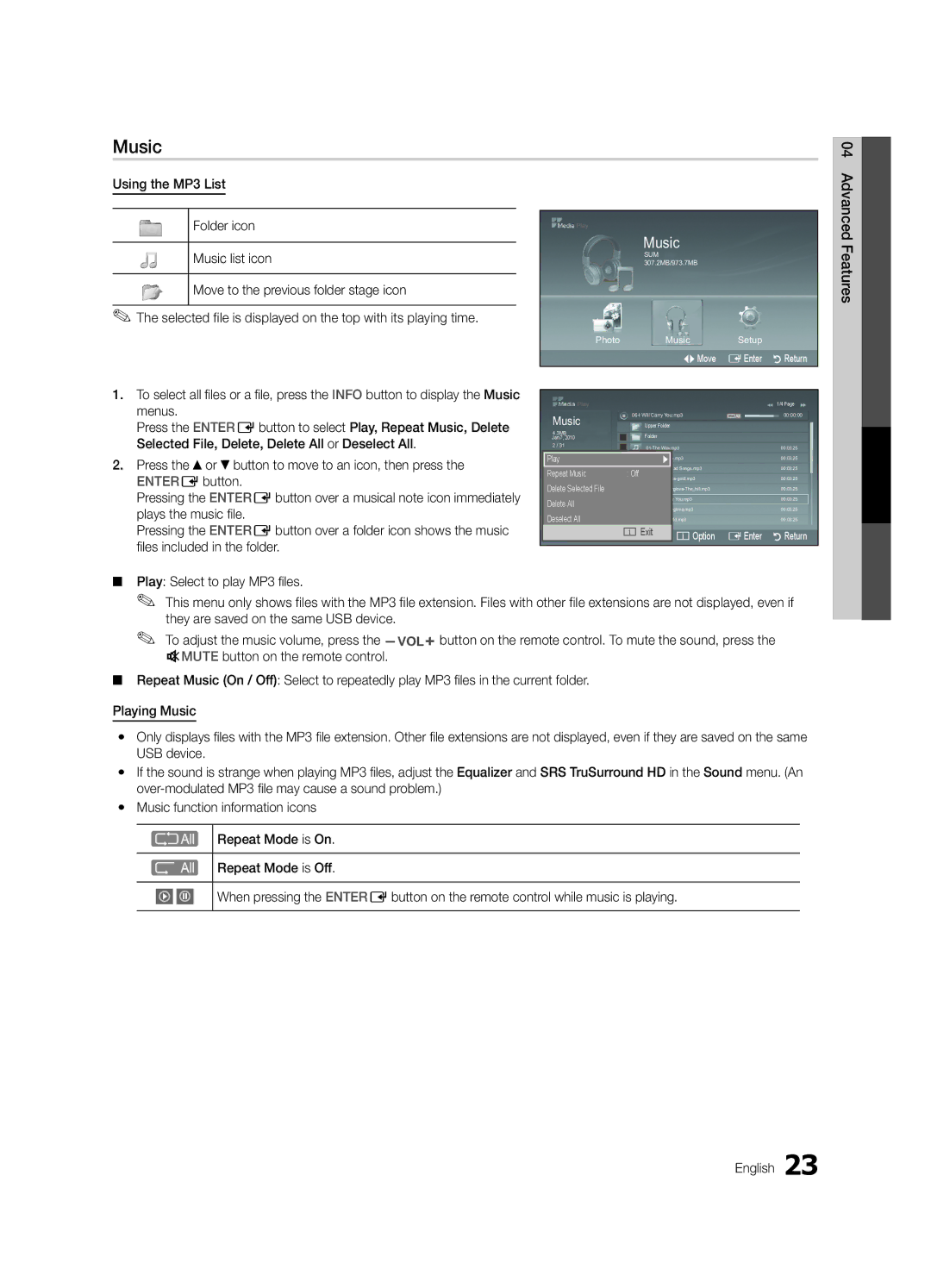 Samsung LN22C350, LN19C350 user manual Music, Advanced Features 