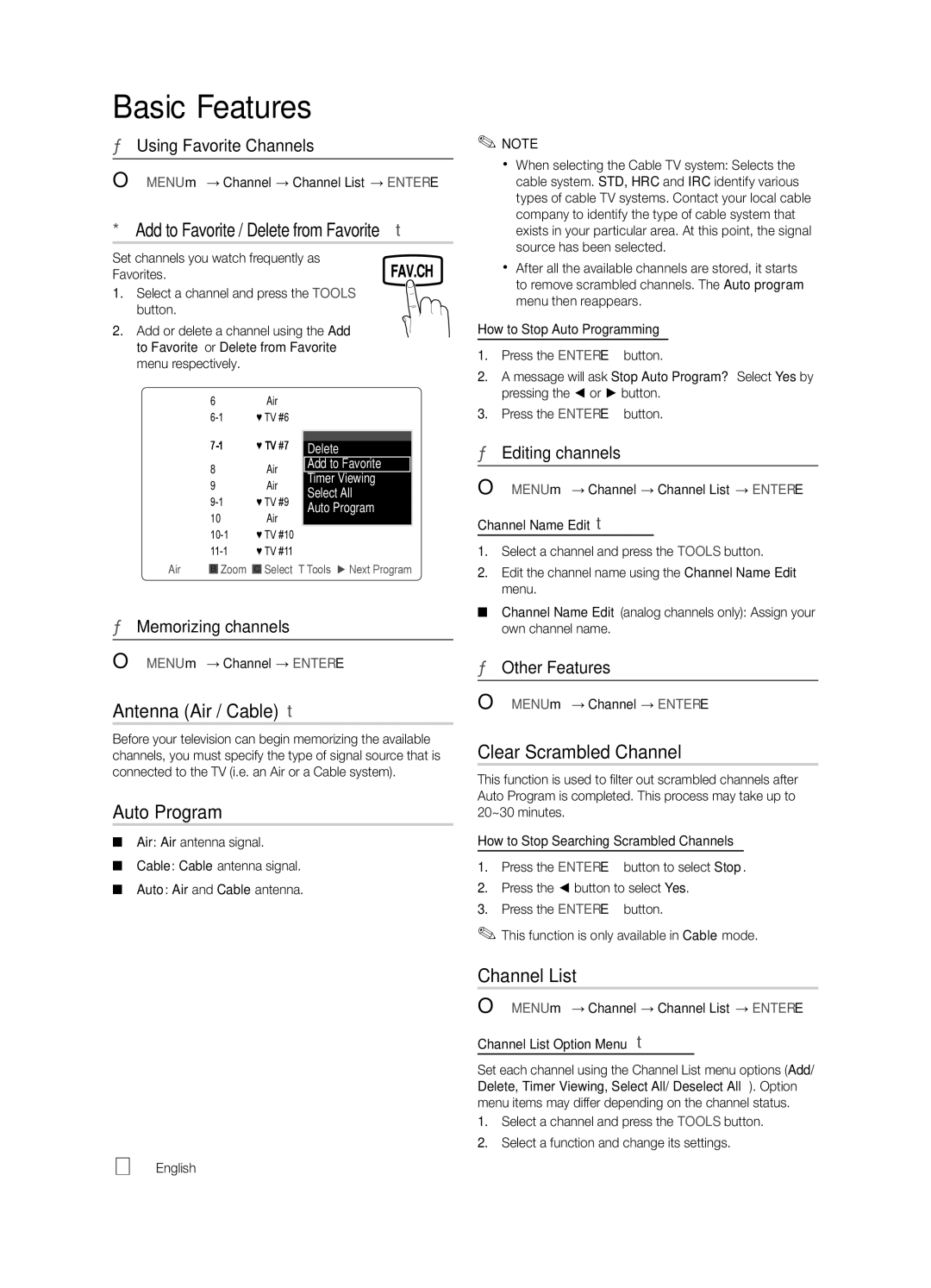 Samsung LN19C450 Add to Favorite / Delete from Favorite t, Antenna Air / Cable t, Auto Program, Clear Scrambled Channel 