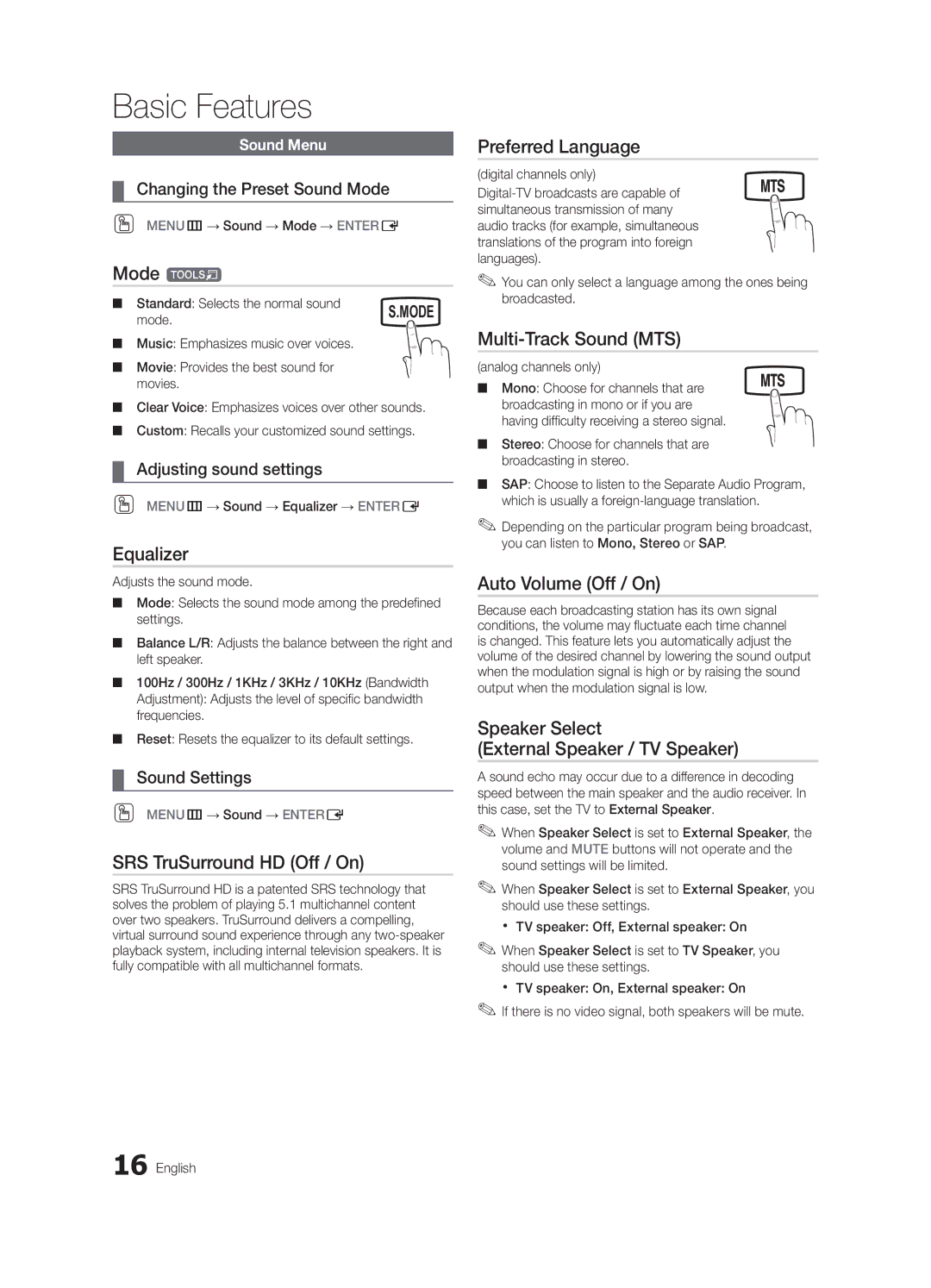 Samsung LN19C450, LN22C450 Mode t, Equalizer, SRS TruSurround HD Off / On, Preferred Language, Multi-Track Sound MTS 