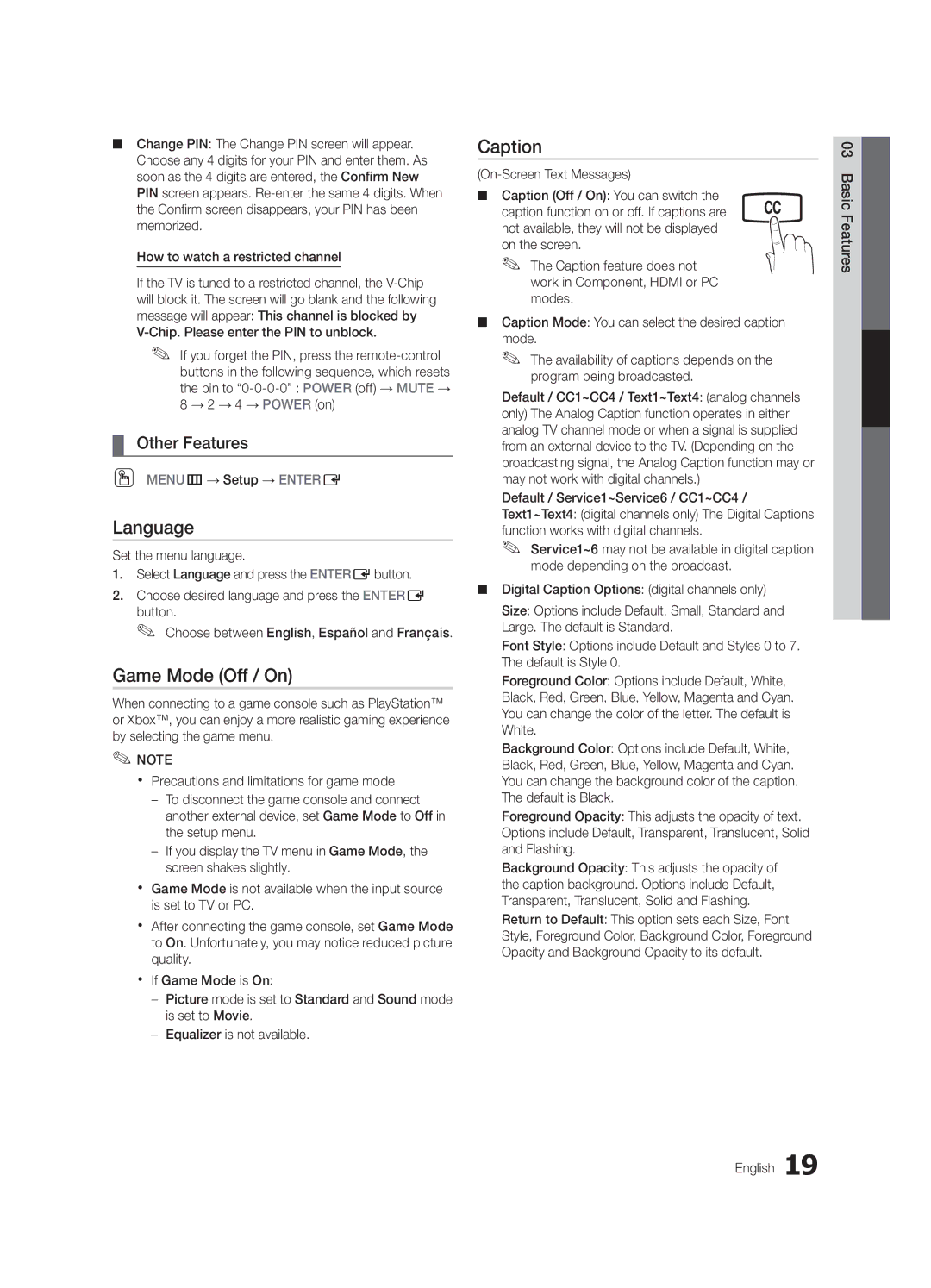 Samsung LN22C450, LN19C450 user manual Language, Game Mode Off / On, Caption 