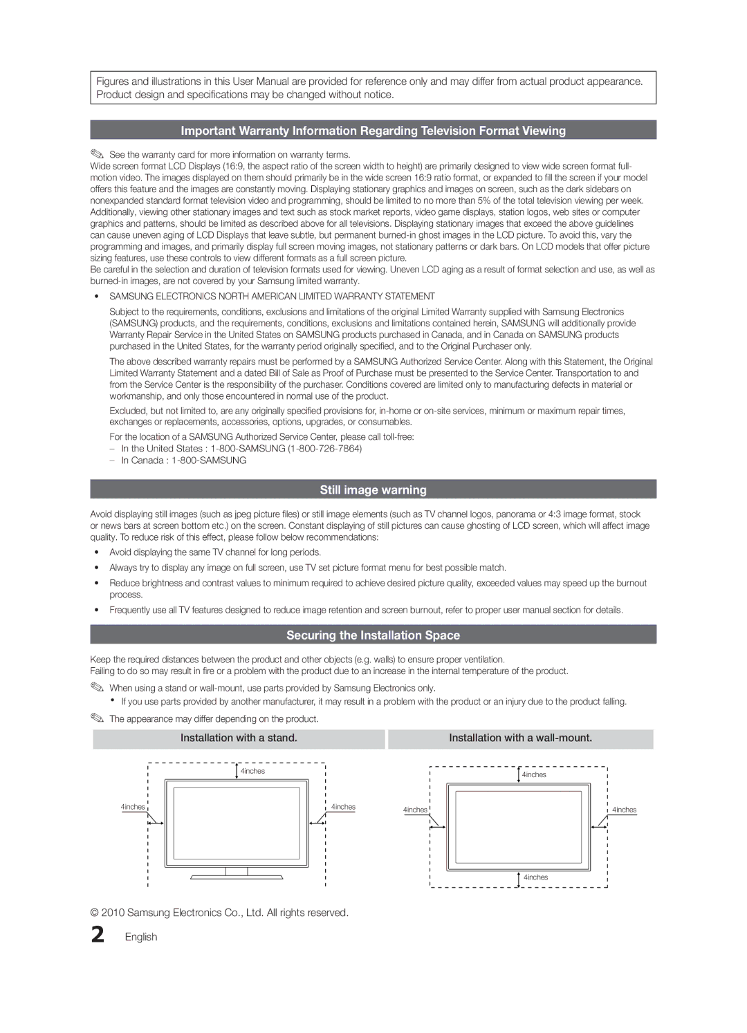 Samsung LN19C450, LN22C450 user manual Still image warning, Securing the Installation Space 