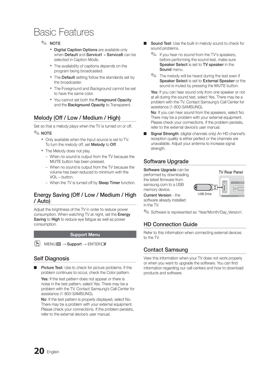 Samsung LN19C450 Melody Off / Low / Medium / High, Energy Saving Off / Low / Medium / High / Auto, Self Diagnosis 