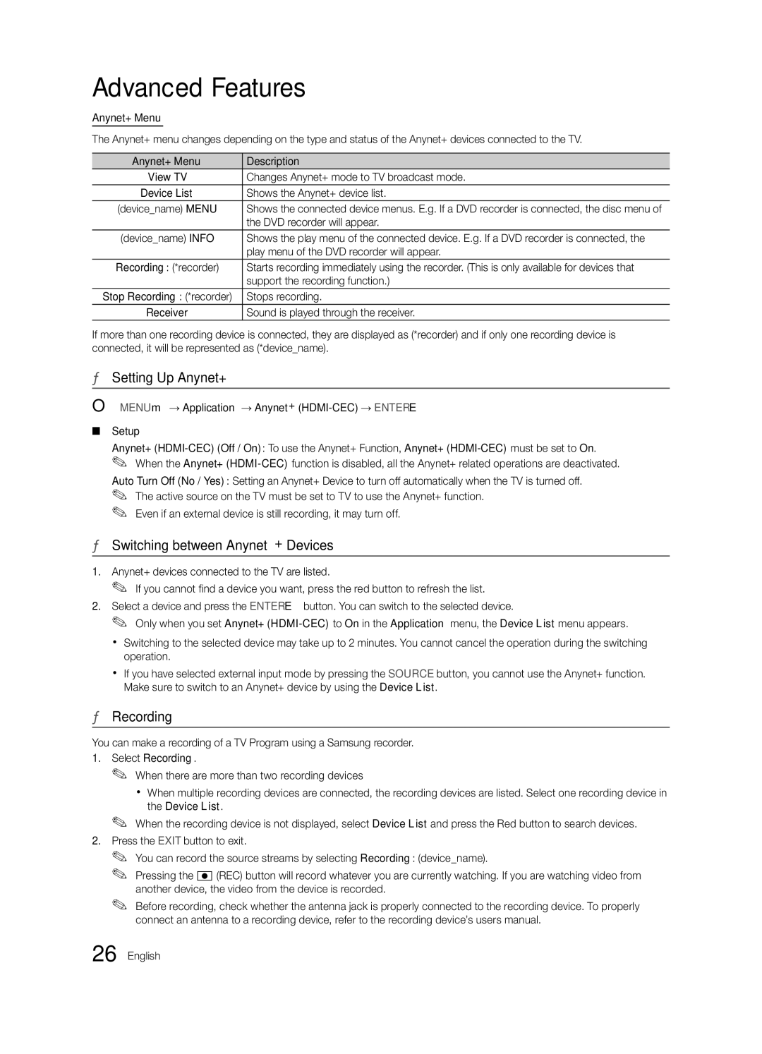 Samsung LN19C450, LN22C450 user manual Setting Up Anynet+, Switching between Anynet+ Devices, Recording 