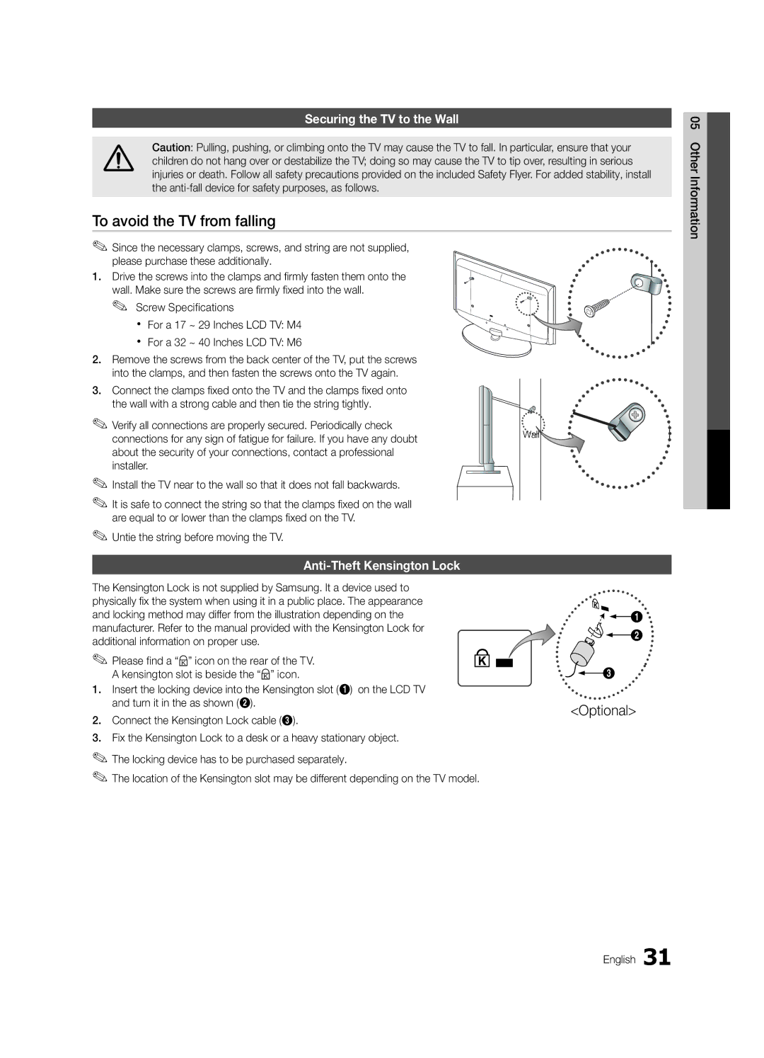 Samsung LN22C450, LN19C450 user manual To avoid the TV from falling, Securing the TV to the Wall, Anti-Theft Kensington Lock 