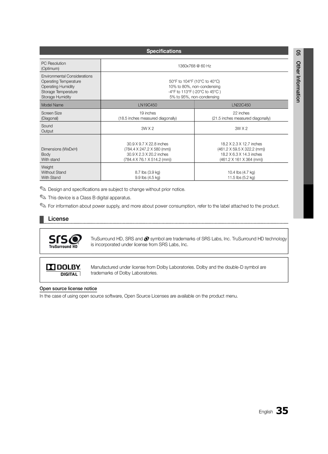 Samsung LN22C450, LN19C450 user manual License, Specifications 