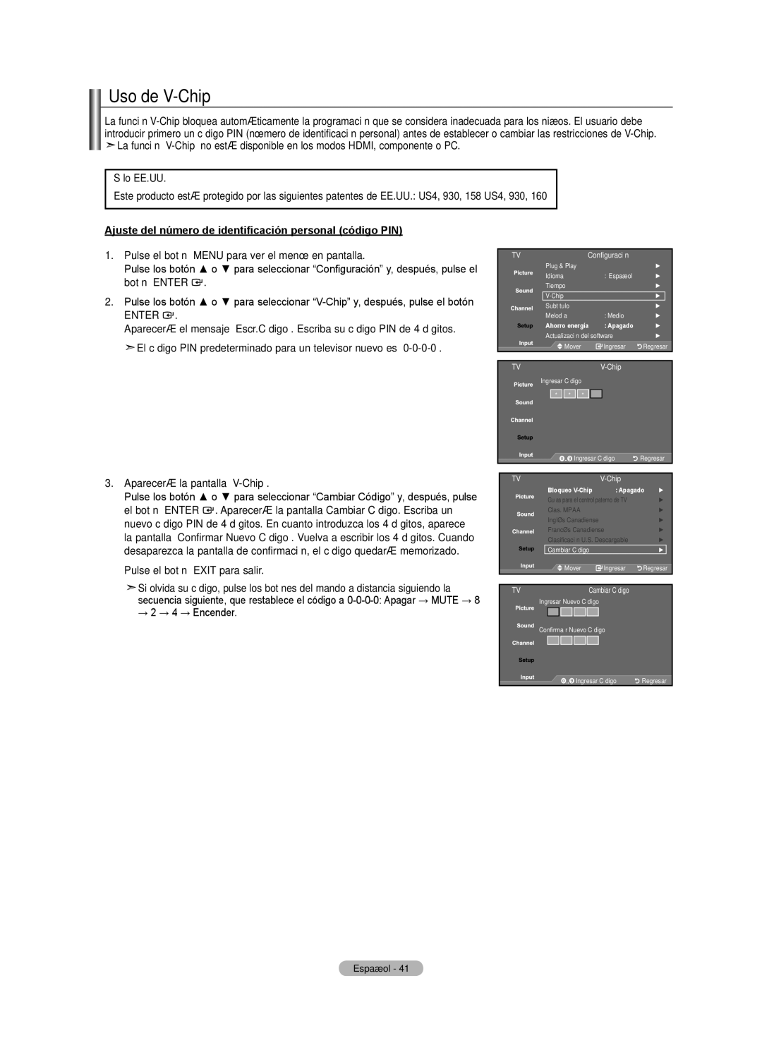 Samsung Series L3, LN22A330, LN22A0J1D Uso de V-Chip, Sólo EE.UU, Ajuste del número de identificación personal código PIN 