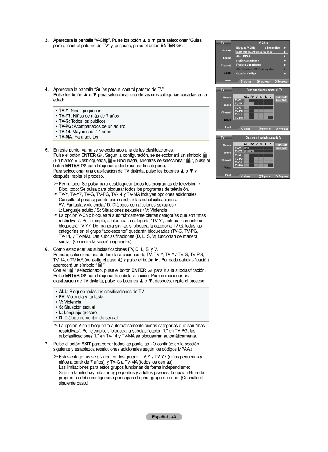 Samsung LN22A0J1D, LN22A330, Series L3 user manual Cómo establecer las subclasificaciones FV, D, L, S, y 