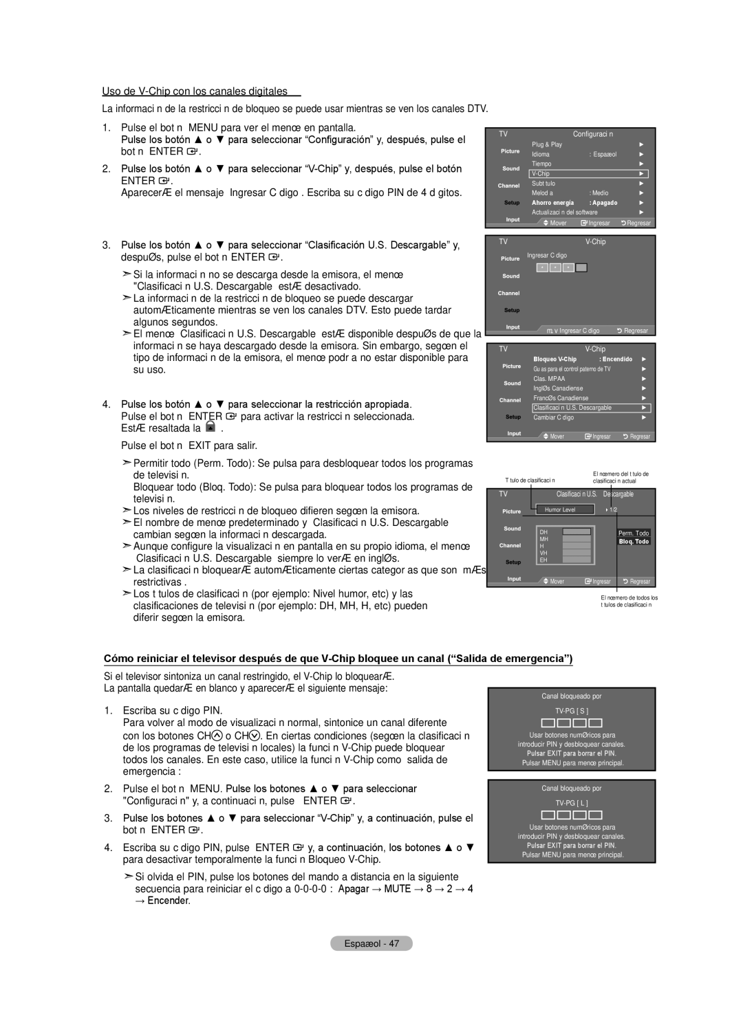 Samsung Series L3, LN22A330, LN22A0J1D user manual Uso de V-Chip con los canales digitales 