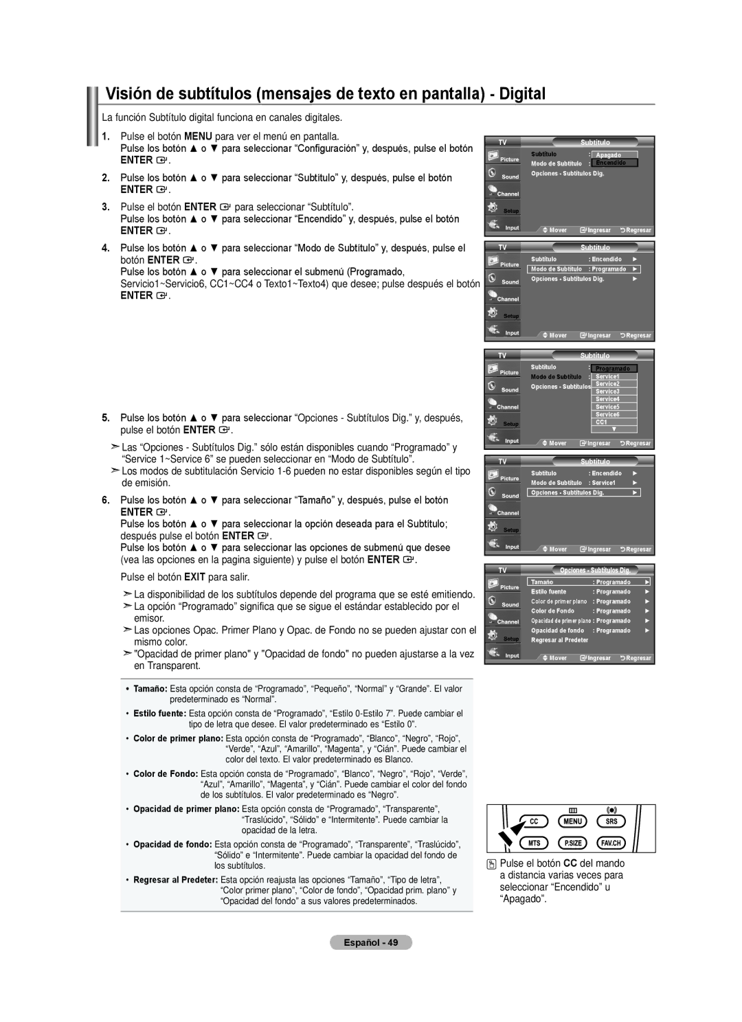 Samsung LN22A0J1D, LN22A330, Series L3 user manual Visión de subtítulos mensajes de texto en pantalla Digital, TVSubtítulo 