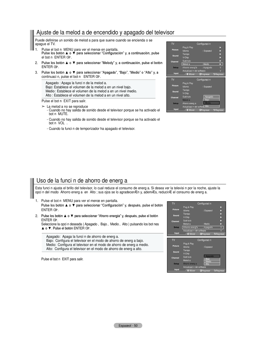 Samsung Series L3 Ajuste de la melodía de encendido y apagado del televisor, Uso de la función de ahorro de energía 