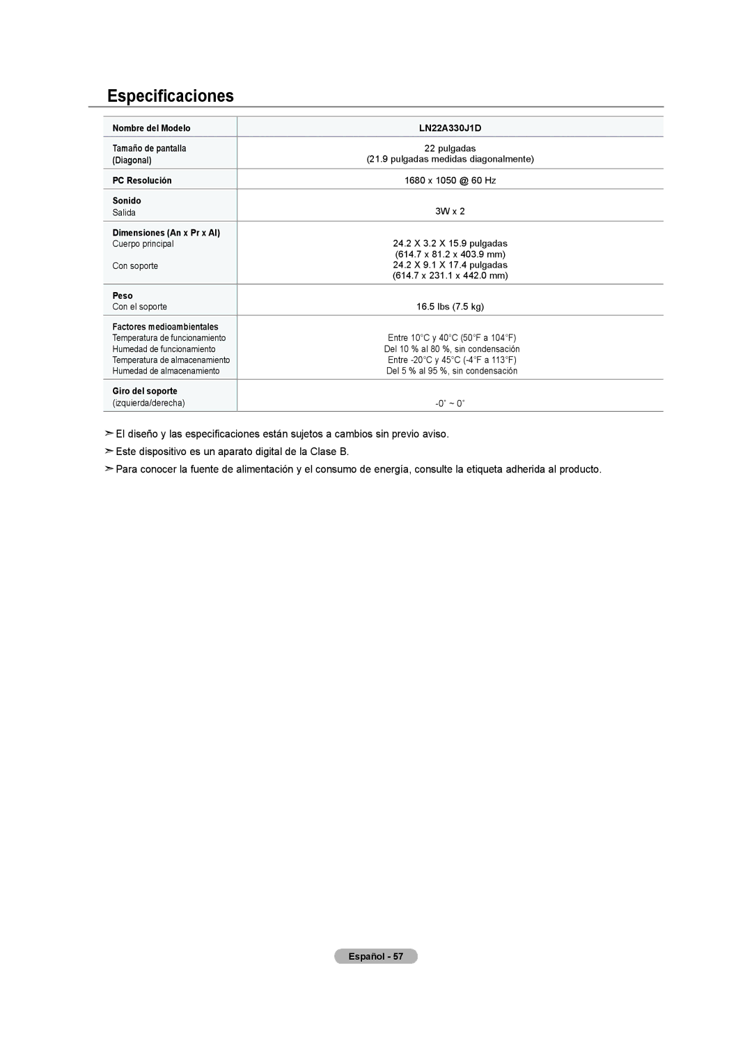 Samsung LN22A330, LN22A0J1D, Series L3 user manual Especificaciones, Dimensiones An x Pr x Al 